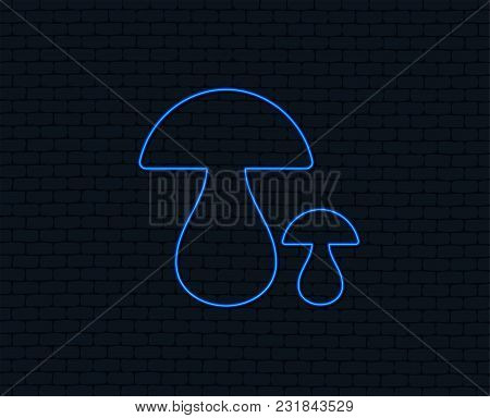 Neon Light. Mushroom Sign Icon. Boletus Mushroom Symbol. Glowing Graphic Design. Brick Wall. Vector