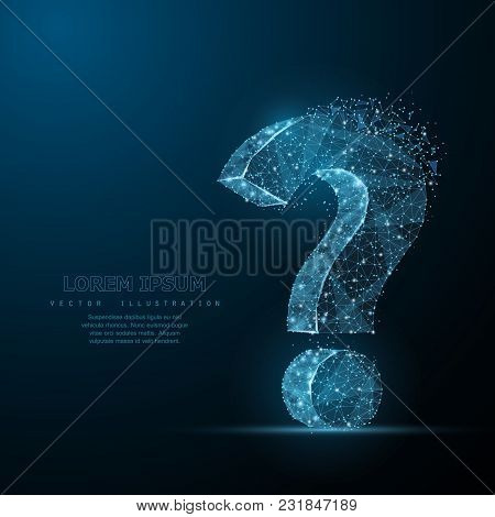 Question Mark. Low Poly Wireframe Mesh Looks Like Constellation On Dark Blue Background With Dots An