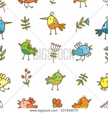 Seamless Pattern With Cute Cartoon Colorful Birds On White  Background. Flowers And Plants. Spring T