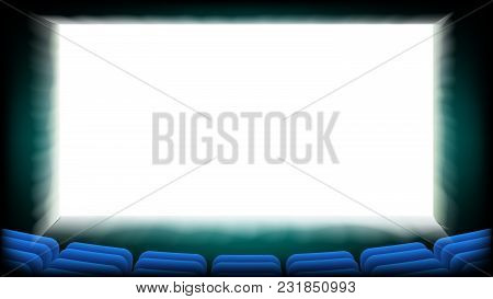 Screen Movie Cinema Vector. Cinema Hall Blue Seats. Illustration