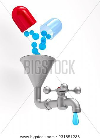 faucet and medicament on white background. Isolated 3D illustration