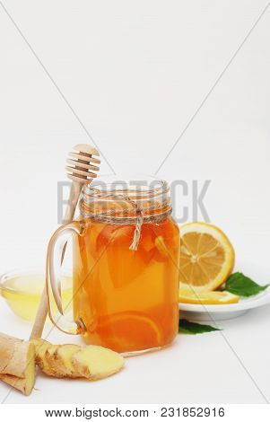 Glass Of Fruit Tea Dring. Ginger, Lemon And Honey. Health Food Concept.