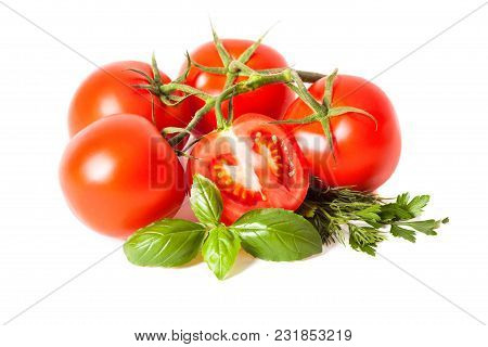 Tomatoes On The Branch And Herbs Isolated On White Background