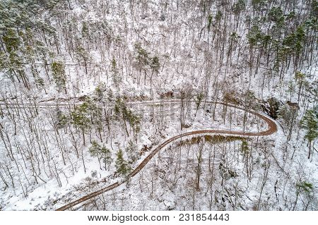 Aerial View Of A Forest In The Vosges Mountains In Winter. Alsace, France