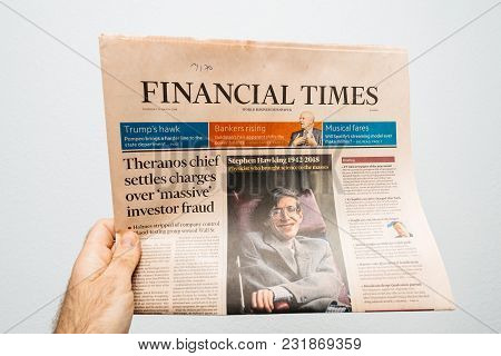 Paris, France - Mar 15, 2018: Pov At The International Newspaper Financial Times  With Portrait Of S
