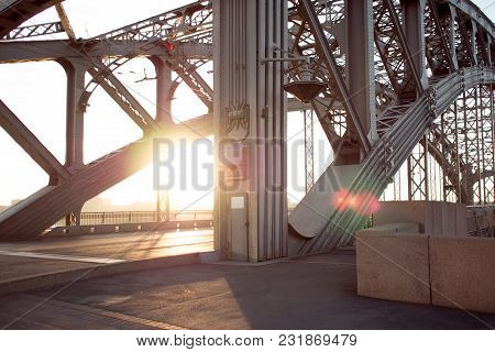 Metal Structures Of Bridge Across River. Long-span Steel Trusses.