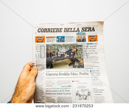 Paris, France - Mar 19, 2018: Pov At Italian Corriere Della Sera Newspaper With Portrait Of Stephen 