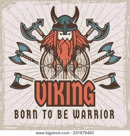 Poster With Barbarian Warrior With Weapons. Template With Place For Your Text. Barbarian And Warrior