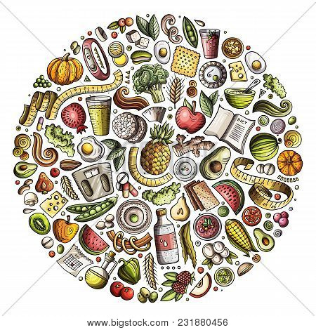 Set Of Vector Cartoon Doodle Diet Food Objects Collected In A Circle. Dietic Subjects Collection