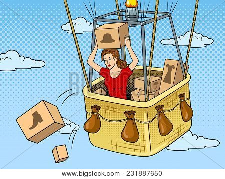 Girl Throws Out Boxes With Clothes And Shoes From Air Balloon Basket Pop Art Retro Vector Illustrati