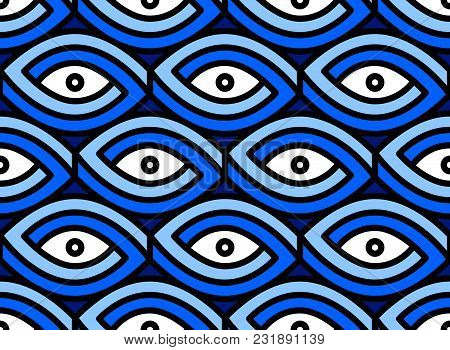 Seamless Eye Pattern. Impossible Figure On Blue Background.