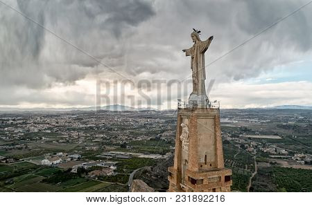 Statue Of Christ On A Top Of The Monteagudo Castle. Murcia, Spain