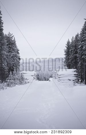 Uncleared Snowy Road In Vaesterbotten, Sweden With Heaps Of Wood