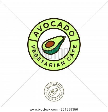 Vegetarian Restaurant Logo. Avocado Cafe Emblem. Avocado Icon. Avocado One Cut In Half With Bone And