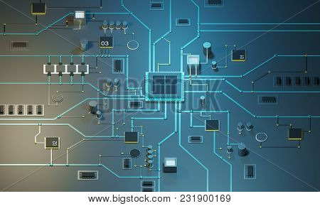 Multicore Processor On An Integrated Circuit. Data Streams. Neon Lines. Integrated Circuits. Chips R