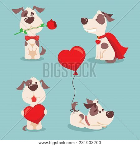Vector Illustration Set Of Cute And Funny Cartoon Little Valentine Dogs-pupies In Love With Heart, R
