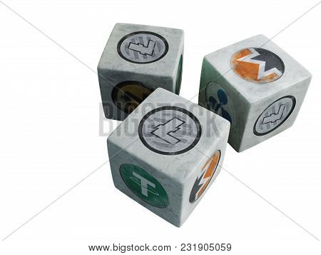 The Game Bone. Crypto Currency. A Game Of Vintage Bones With Symbols Of Crypto Currency. 3d Renderin