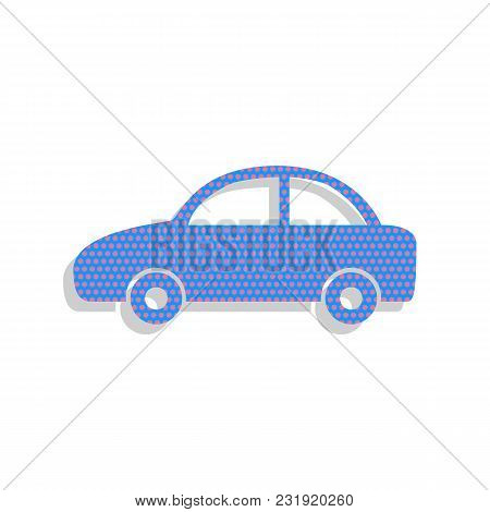 Car Sign Illustration. Vector. Neon Blue Icon With Cyclamen Polka Dots Pattern With Light Gray Shado