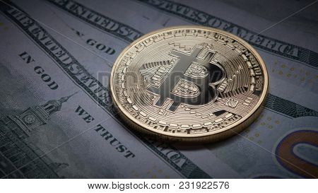 Coin bitcoin on the background of a pile of dollar bills as underground economy