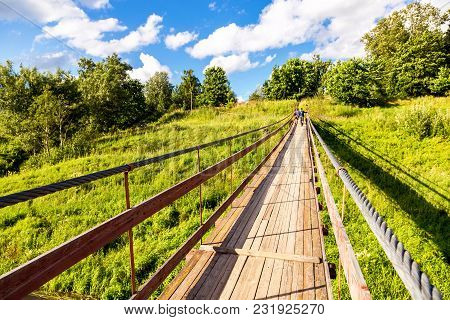 Suspension Bridge Across The Msta River In Borovichi, Russia