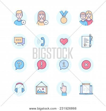 Social Media - Modern Line Design Style Icons Set In Blue Round Frame. To Add Female Or Male User, M