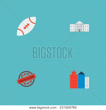 Set Of Usa Icons Flat Style Symbols With Government Building, Rugby, Made In Usa And Other Icons For