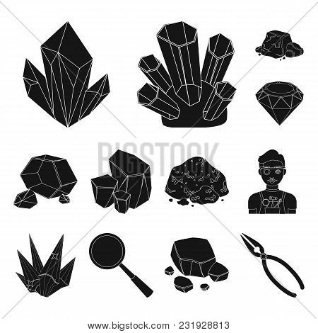 Precious Minerals Black Icons In Set Collection For Design. Jeweler And Equipment Vector Symbol Stoc