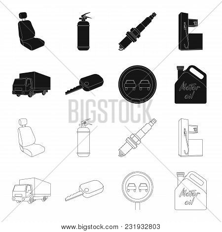 Truck With Awning, Ignition Key, Prohibitory Sign, Engine Oil In Canister, Vehicle Set Collection Ic