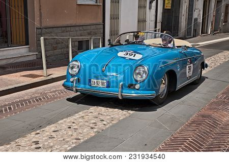 Gatteo, Fc, Italy - May 19, 2017: Driver And Co-driver On Vintage Porsche 356 1500 (1955) In Histori