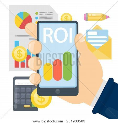 Roi Concept Illustration. Samrtphone With Data And Infographics.
