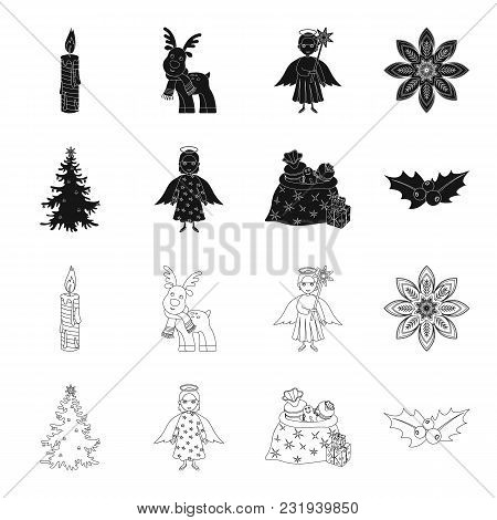 Christmas Tree, Angel, Gifts And Holly Black, Outline Icons In Set Collection For Design. Christmas 
