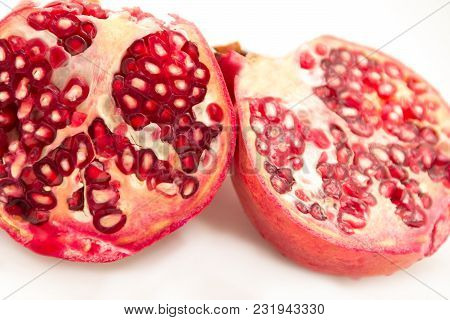 Pomegranates, Sliced, Pithy Fruit, With Clipping Path, Pomegranate Seeds,