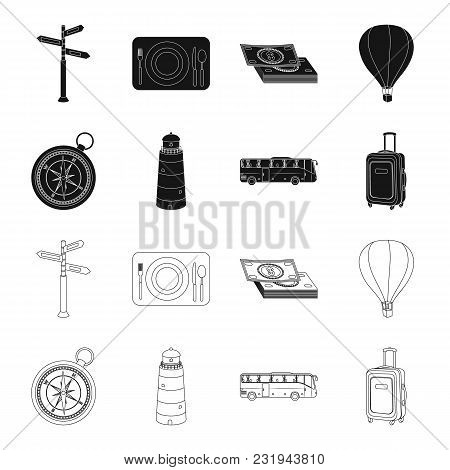 Vacation, Travel, Lighthouse, Compass .rest And Travel Set Collection Icons In Black, Outline Style 