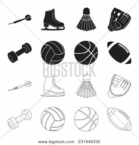 Blue Dumbbell, White Soccer Ball, Basketball, Rugby Ball. Sport Set Collection Icons In Black, Outli