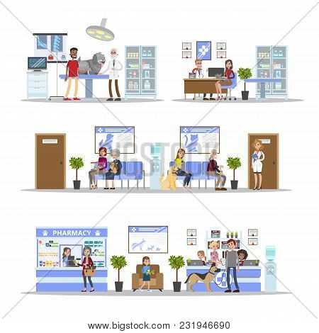Vetclinic Illustrations With Patients And Owners On White.