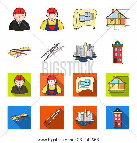 Drawing Accessories, Metropolis, House Model. Architecture Set Collection Icons In Cartoon, Flat Sty