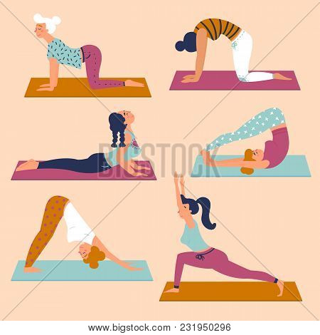 Set With Beautiful Women In Various Asana Poses Of Yoga. Vector Set Of Exercises Illustration. Six W