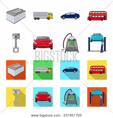 Car On Lift, Piston And Pump Cartoon, Flat Icons In Set Collection For Design.car Maintenance Statio
