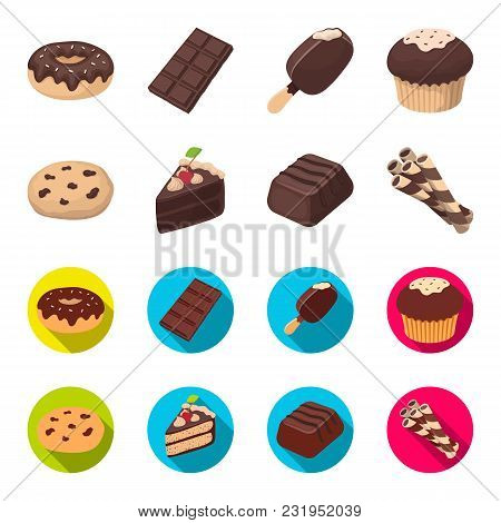 American Cookies, A Piece Of Cake, Candy, Wafer Tubule. Chocolate Desserts Set Collection Icons In C