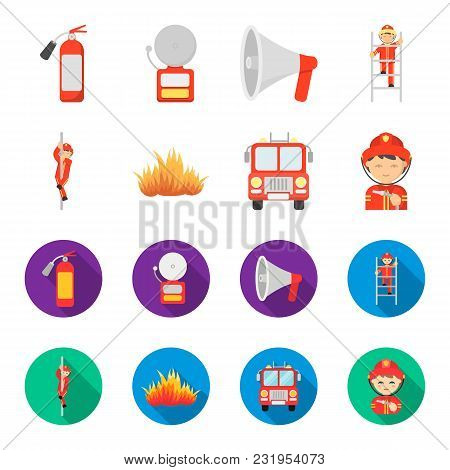 Fireman, Flame, Fire Truck. Fire Departmentset Set Collection Icons In Cartoon, Flat Style Vector Sy