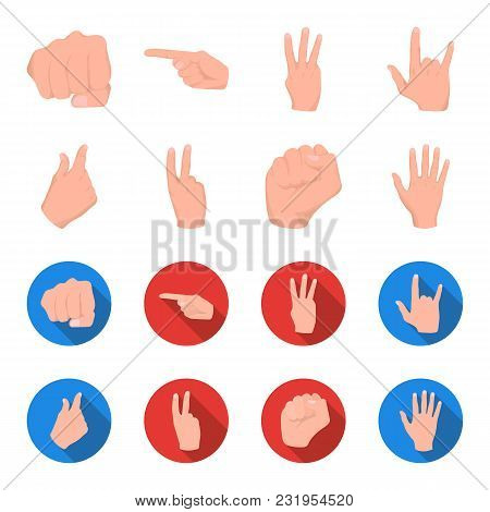 Open Fist, Victory, Miser. Hand Gesture Set Collection Icons In Cartoon, Flat Style Vector Symbol St