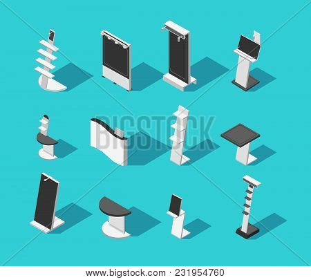 Isometric 3d Demonstration Booth Stands For Exhibition Isolated Vector Set. Trade Panel And Promo St