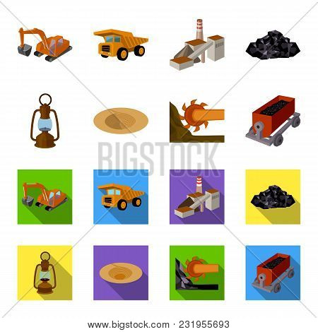 A Miner Lamp, A Funnel, A Mining Combine, A Trolley With Ore.mining Industry Set Collection Icons In