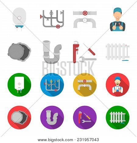 Sewage Hatch, Tool, Radiator.plumbing Set Collection Icons In Cartoon, Flat Style Vector Symbol Stoc