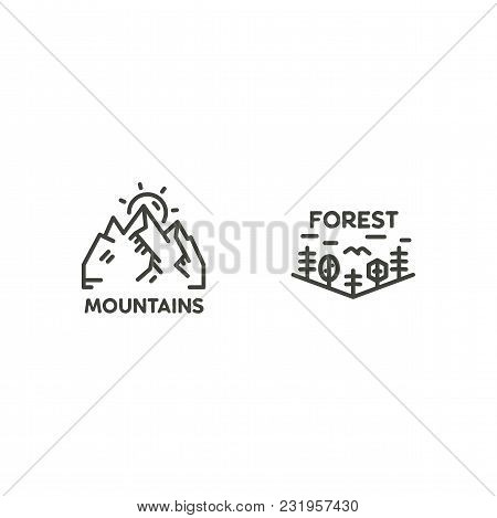 Vintage Linear Travel Badges. Camping Line Art Label Concept. Mountain Expedition Logo Design. Trave