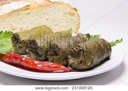 Grape Leaves Rolls. Sarmale, Dolma, Sarma, Golubtsy Or Golabki. Grape Leaves Stuffed With Meat, Rice