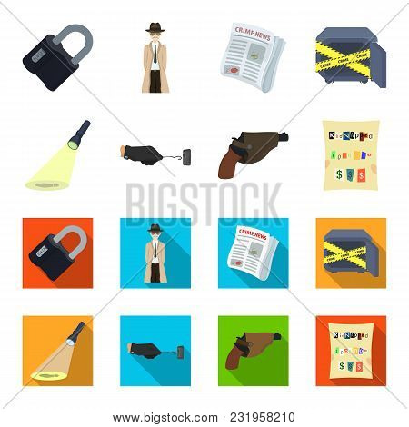 The Detective Flashlight Illuminates The Footprint, The Criminal Hand With The Master Key, A Pistol 