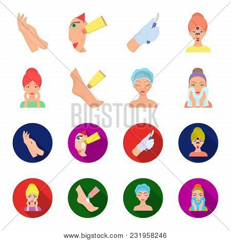 Face Care, Plastic Surgery, Face Wiping, Moisturizing The Feet. Skin Care Set Collection Icons In Ca