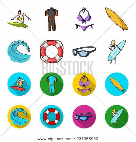 Oncoming Wave, Life Ring, Goggles, Girl Surfing. Surfing Set Collection Icons In Cartoon, Flat Style