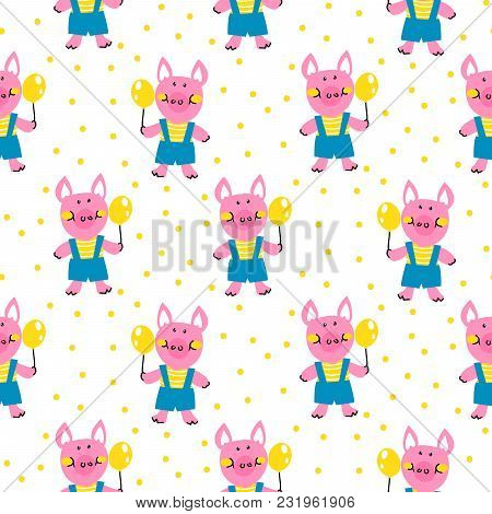 Seamless Vector Pattern With Funny Pigs. Cartoon Piggy With Balloons Background.